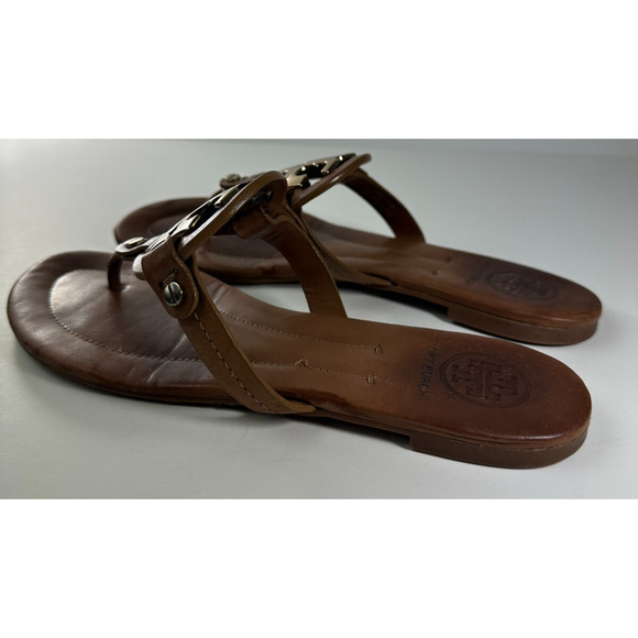 *Damaged Tory Burch Miller Leather Thong Sandals Flat Flip Flops Gold Logo 7.5 M - Picture 15 of 16